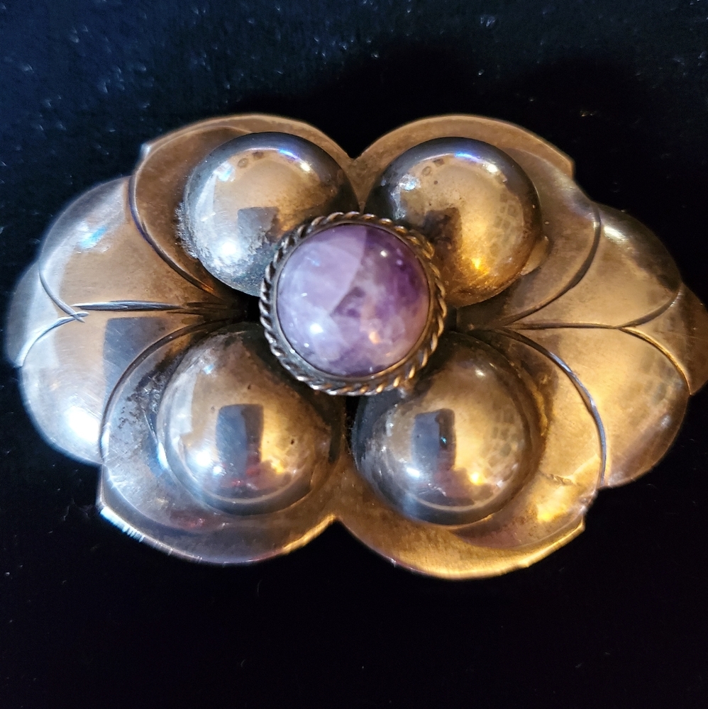 Early Mexico Silver Amethyst Floral Brooch